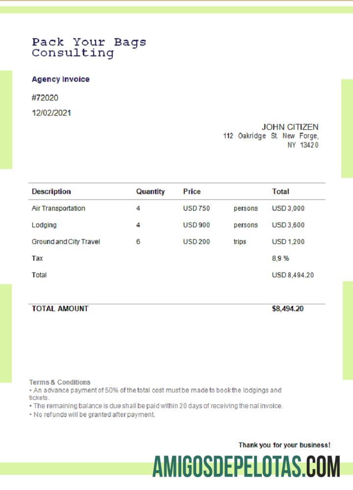 Fatura de consultoria para arrumar suas malas nos EUA exemplo